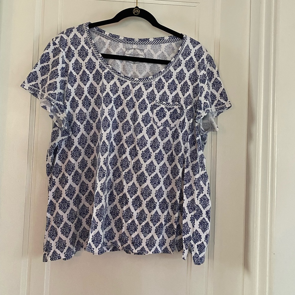 Pajamas, blue & white capri pans with pockets & sort-sleeve top